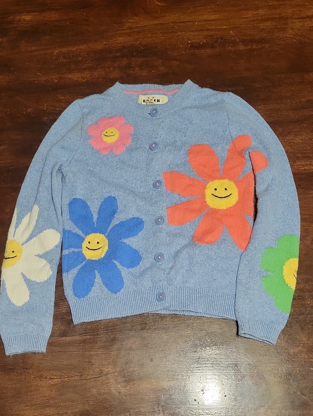 Mini Boden Smiley Daisy Floral Blue Wool Blend Cardigan